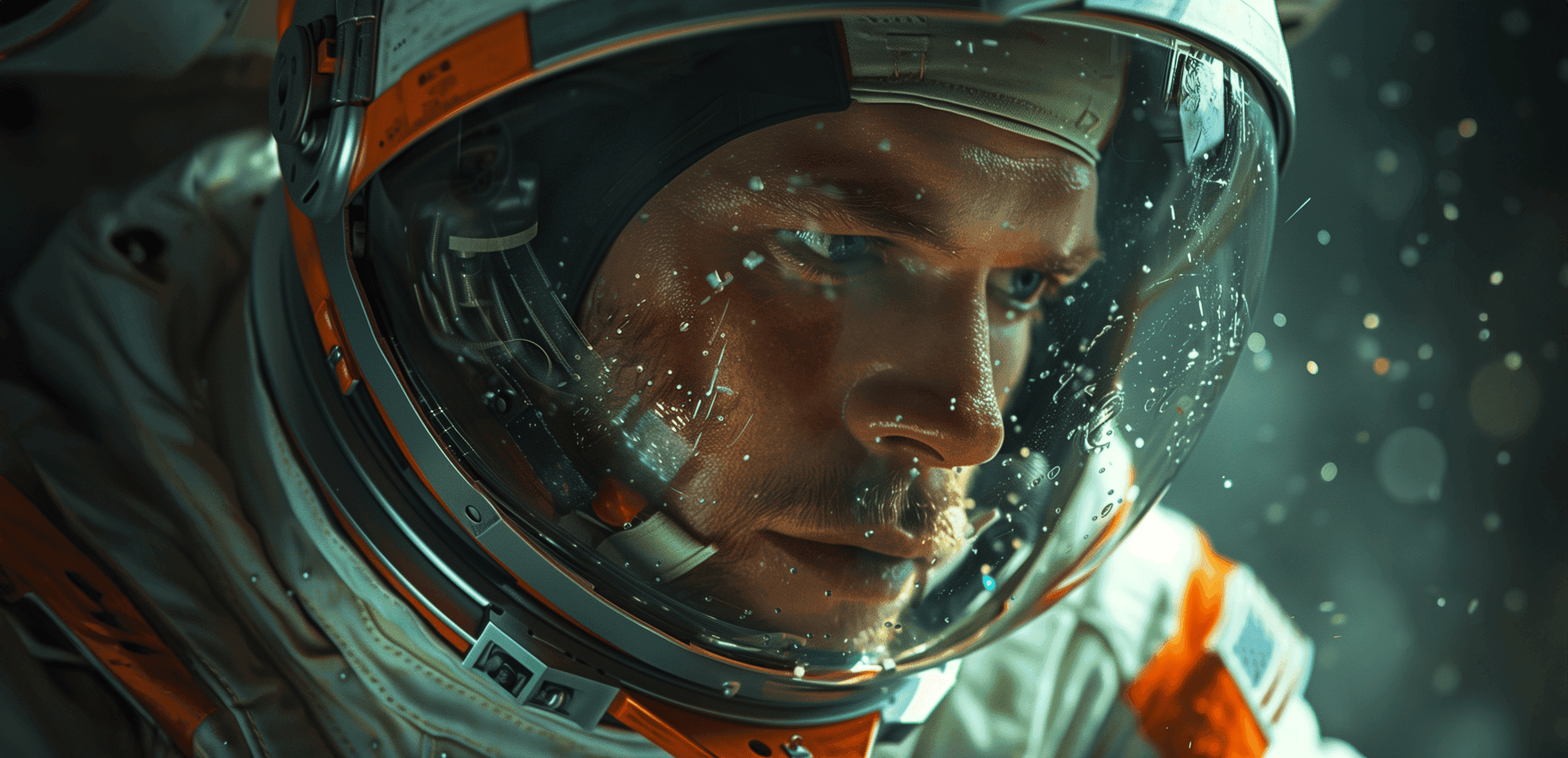 Close-up of astronaut with reflections on helmet visor