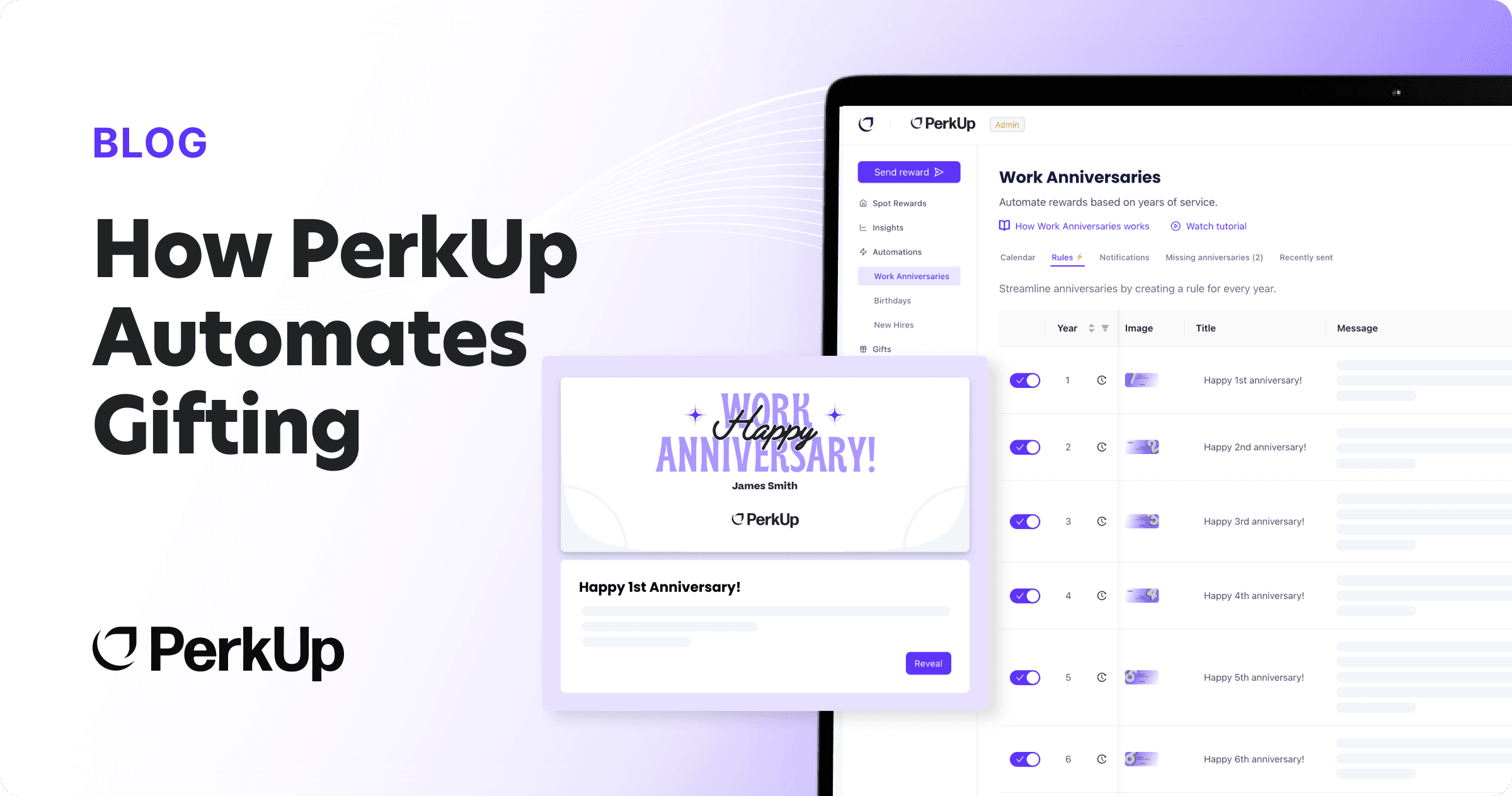 A computer dashboard showing PerkUp's work anniversary automation feature.
