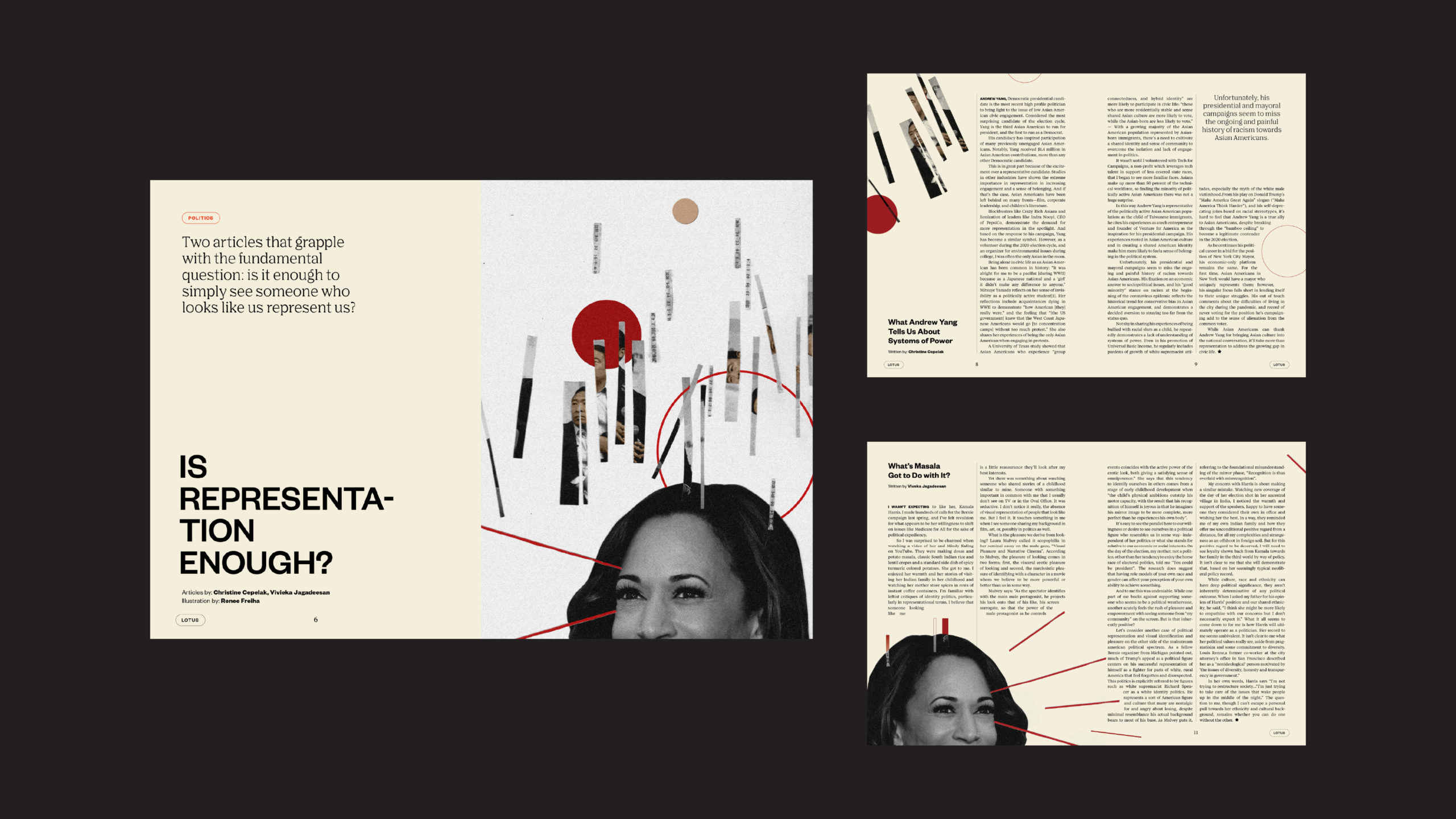 The image displays a triptych of text and visual elements on a black background. The left panel features the headline “IS REPRESENTATION ENOUGH?” in bold white letters, with additional text below. The central panel shows a collage of black and white images, including a person’s face partially obscured by red lines and circular shapes. The right panel presents a block of text titled “What You Hear About Us” with subheadings like “What You Hear About Us” and “Systems at Work,” accompanied by a smaller image below. The text in both panels is in a sans-serif font.