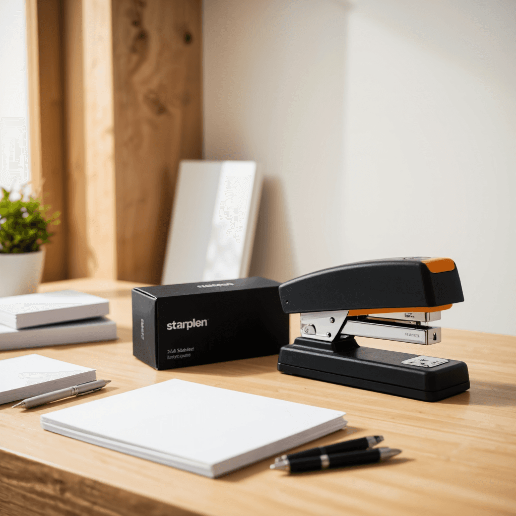 product photography of a stapler with a box