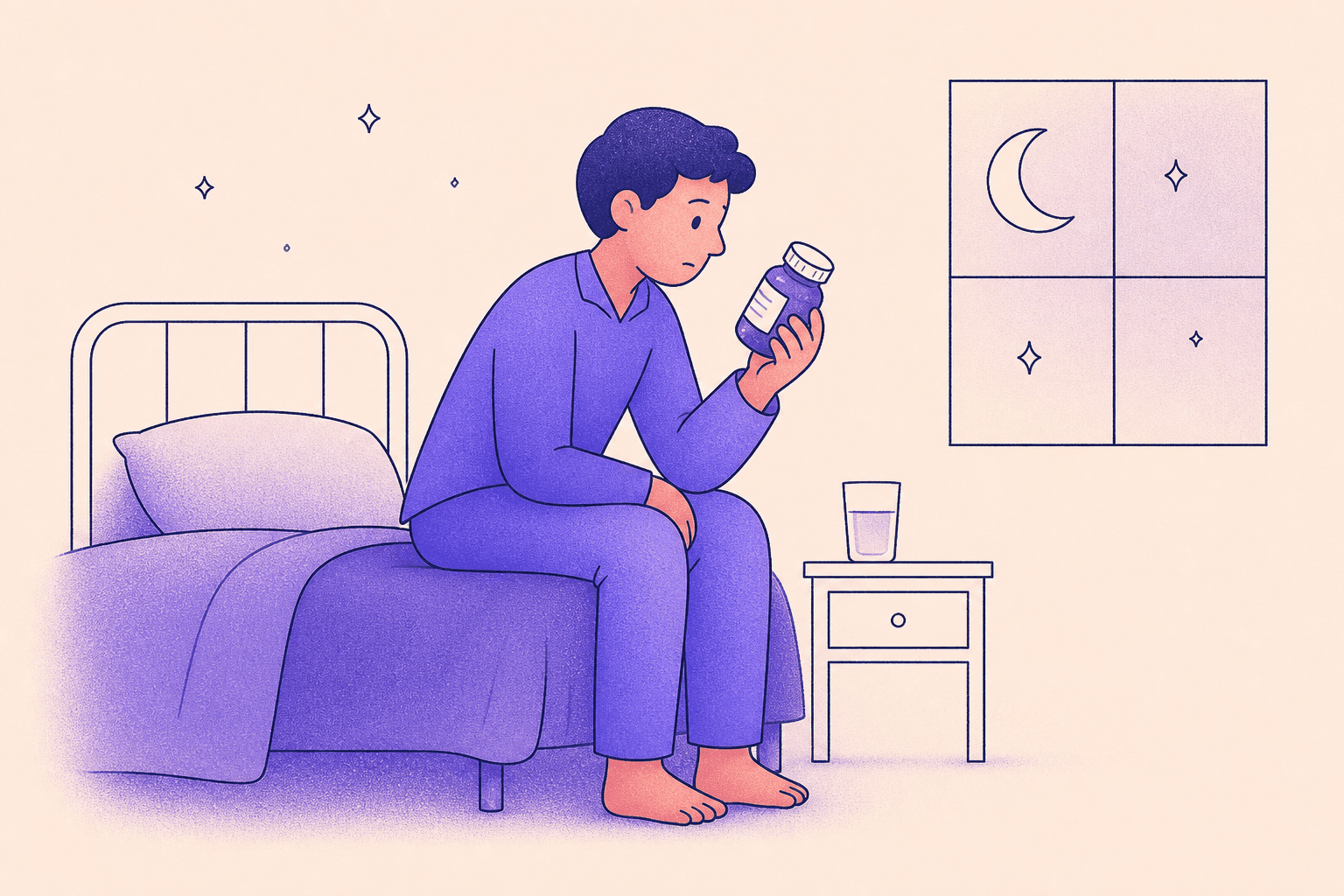 A person in pyjamas sits on the edge of the bed at night reading the label on a bottle of magnesium for sleep.