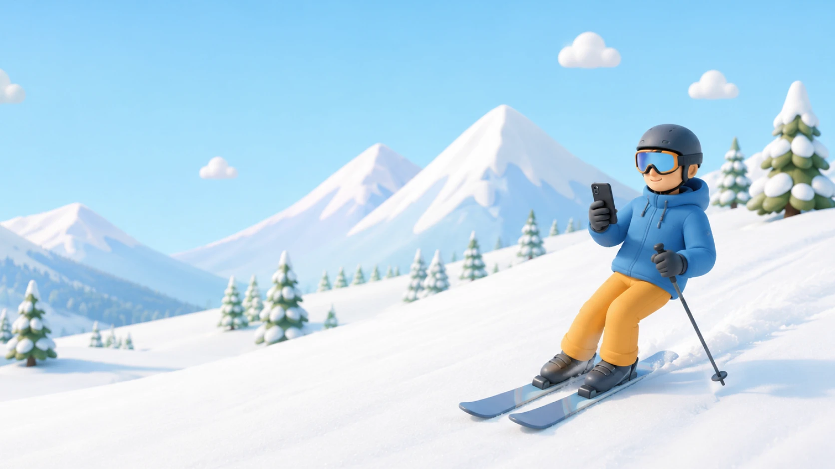 3D cartoon man skiing down a snowy slope while using a black smartphone.