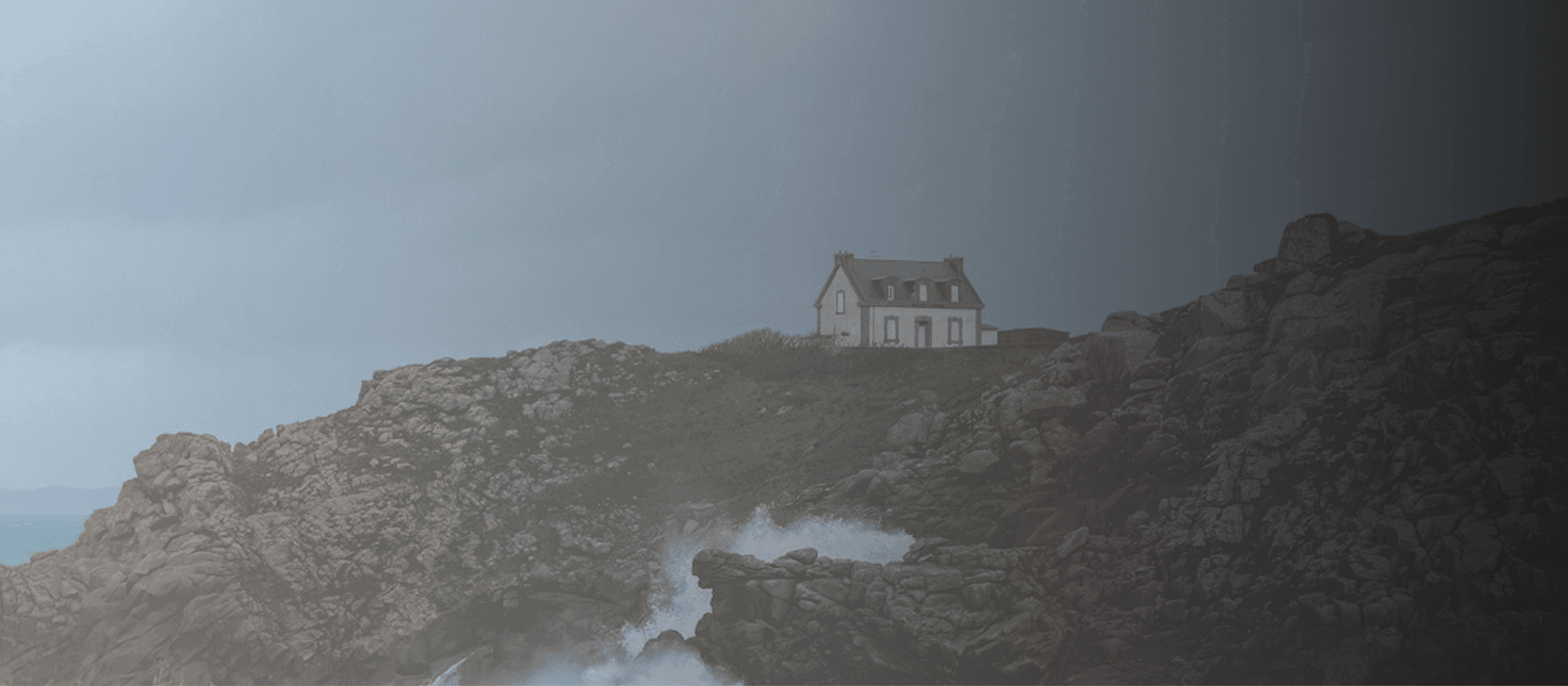 Dark, moody architectural photography on a cliffside, used for the 'Writing from Coastal Maine' section.
