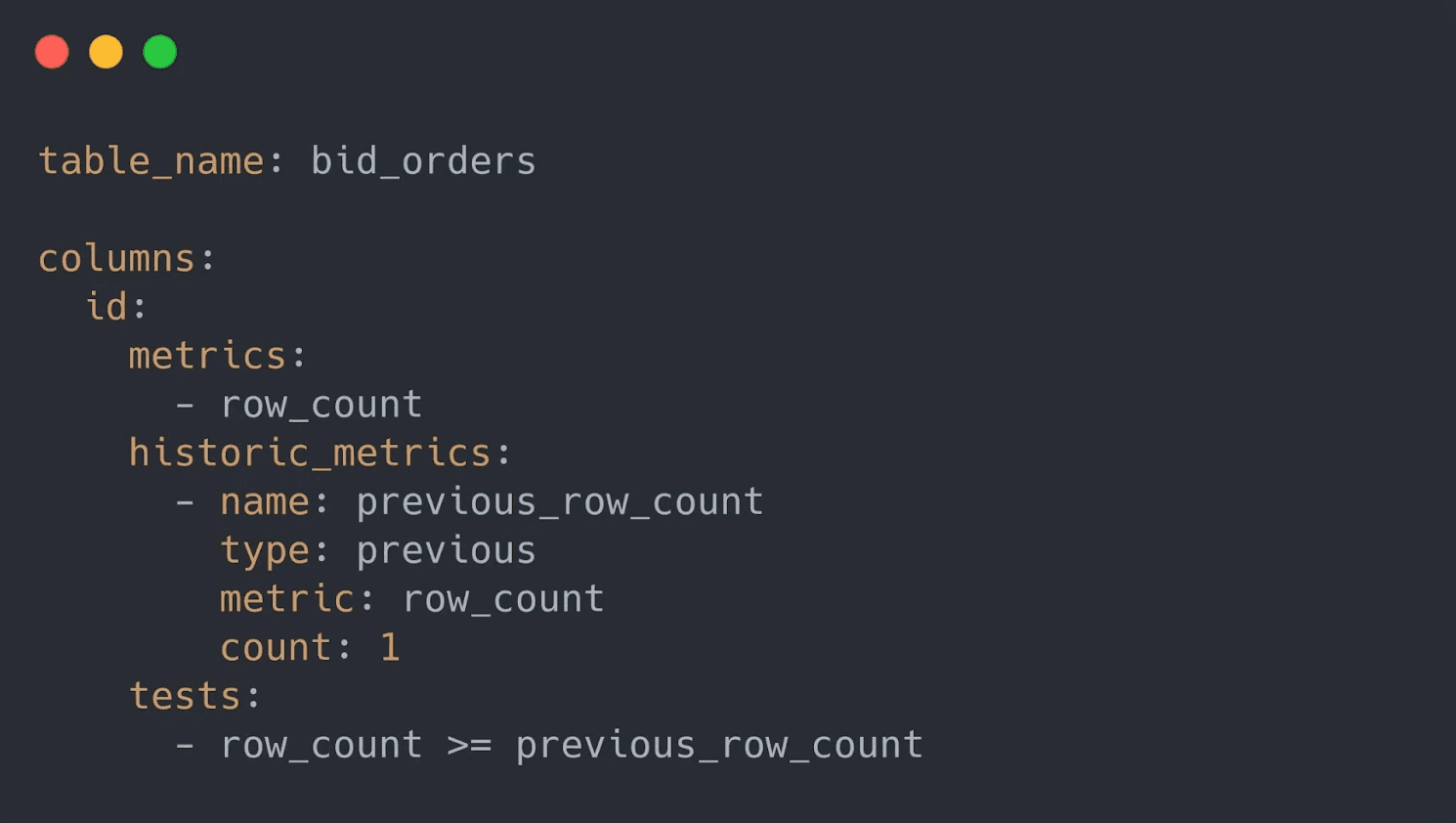 This example demonstrates how the test relies on a dynamic variable referring to the “row_count” of the previous scan, “previous_row_count”. The previous scan is accessible in the Cloud Metrics Store. Using a few additional lines in the YAML file, it’s easy to test if a data is changing in size.