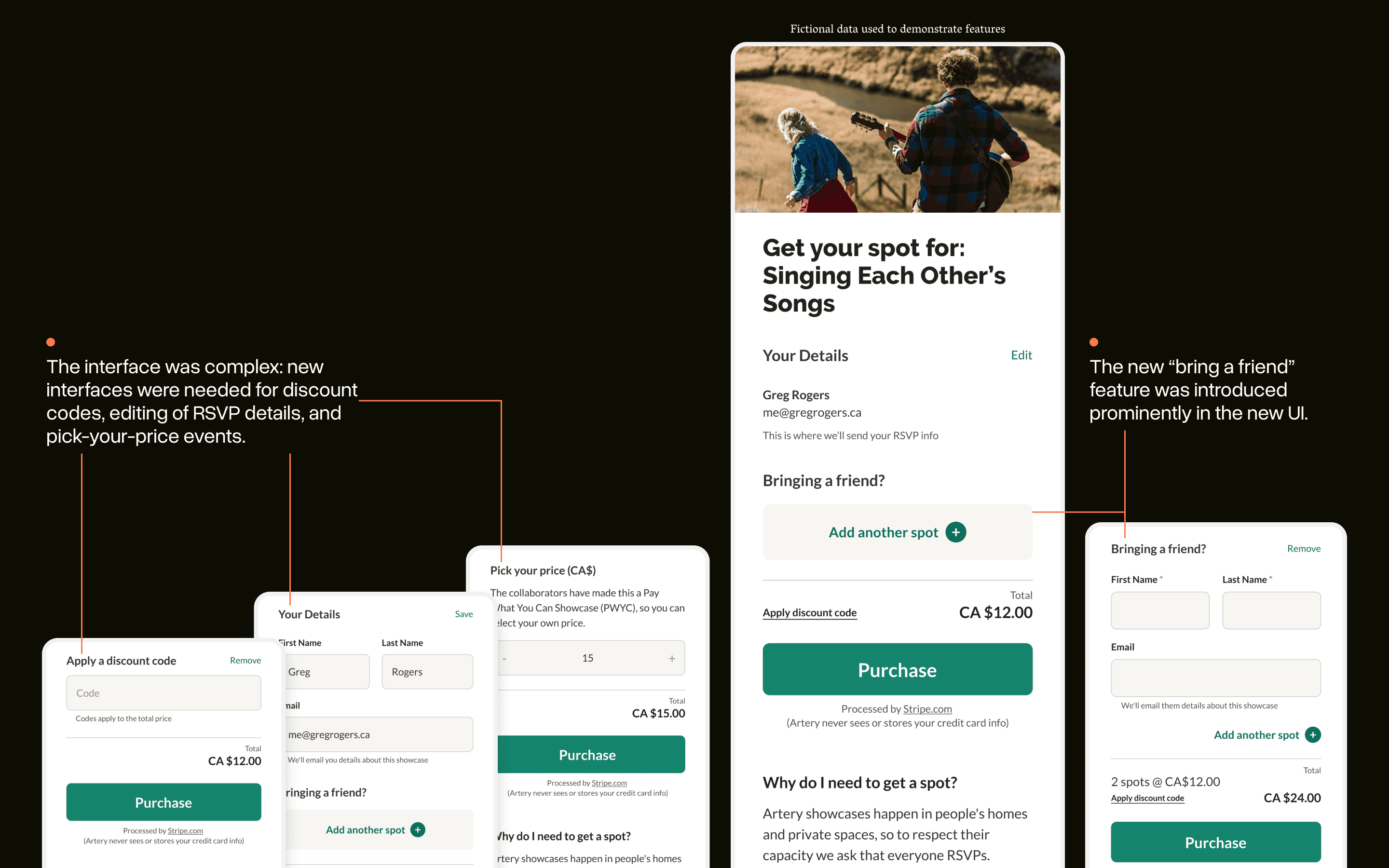A number of screenshots of the payment interface highlighting considerations for discount codes, editing RSVP details, and pick-your-price events. A new “bring a friend” feature is also demonstrated.