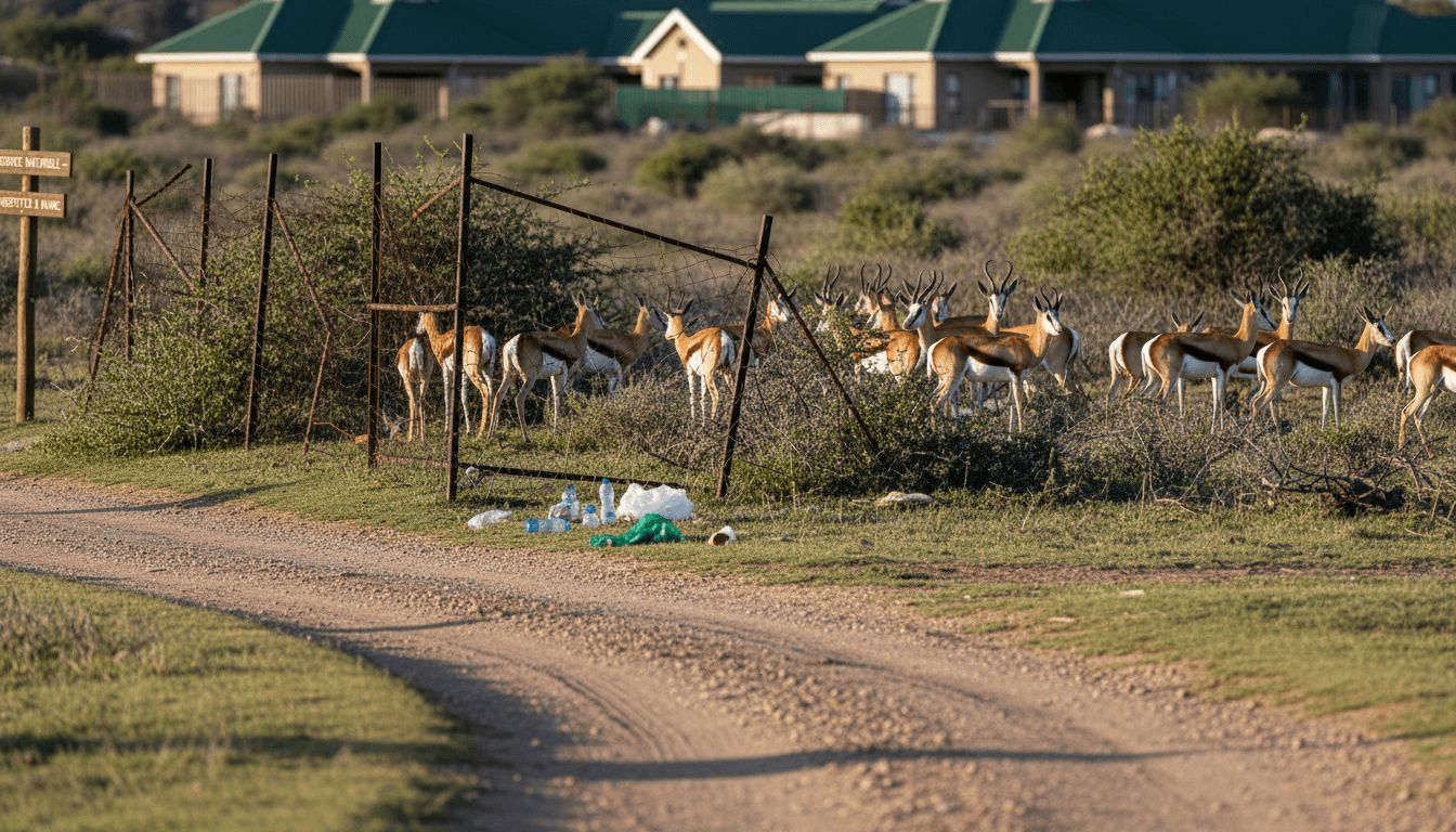 Des springboks évoluent aux abords d’habitats morcelés et de constructions touristiques.