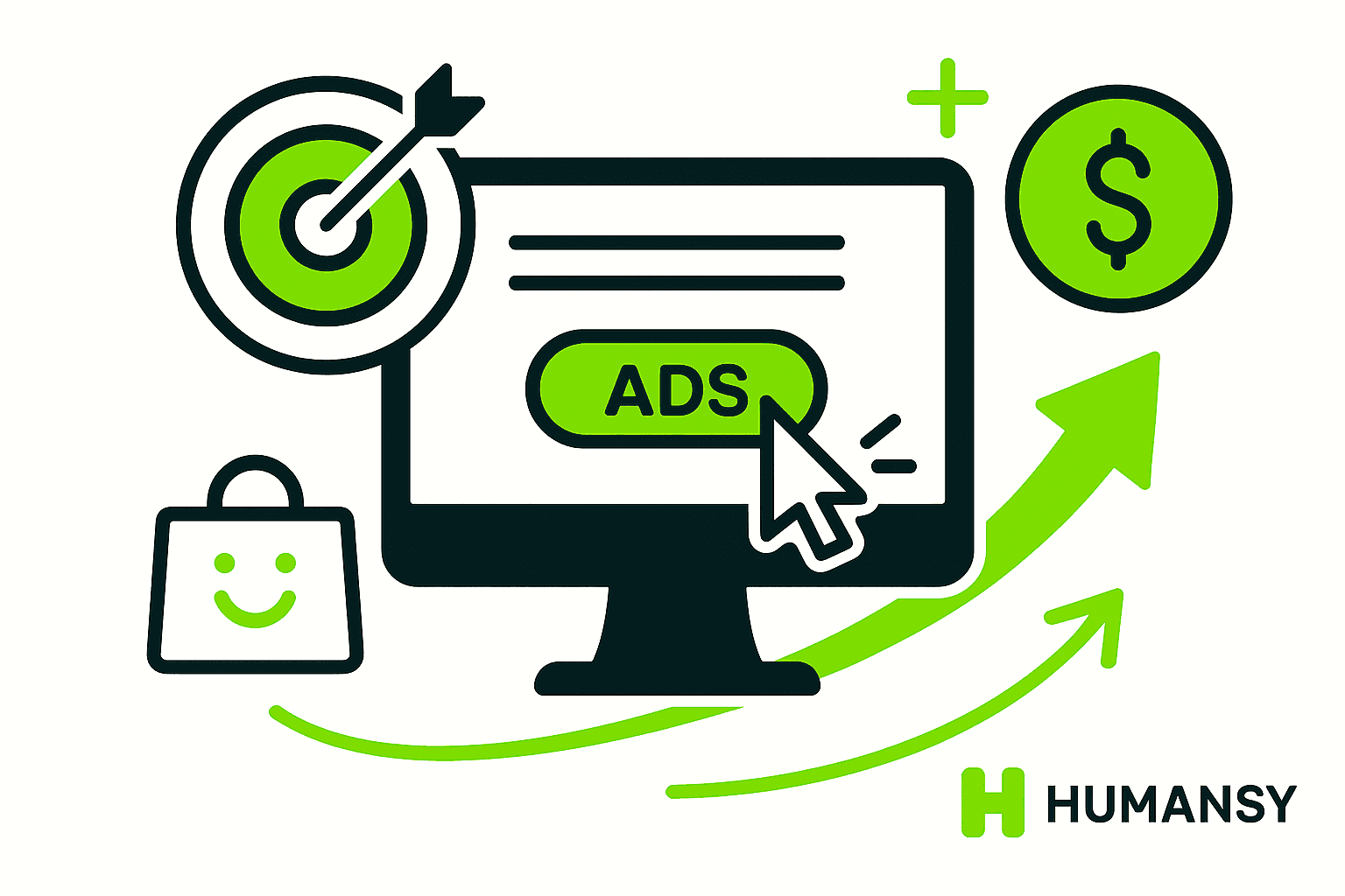 Monitor displaying a PPC ad click with targeting icons, illustrating paid ecommerce marketing tactics in e-commerce growth strategy.