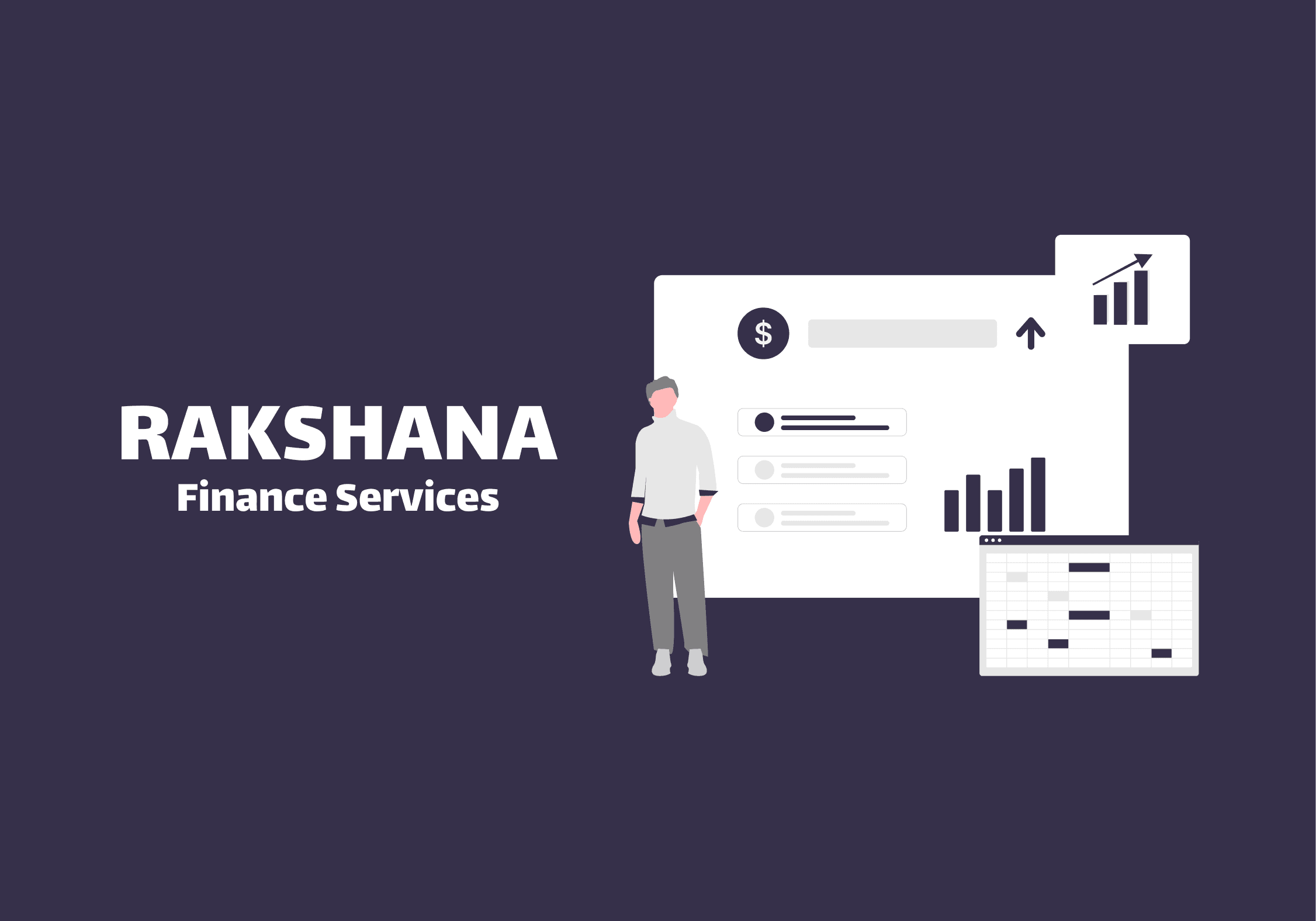 Rakshana Finance Services: Illustration of a man standing in front of a whiteboard displaying financial charts and graphs, symbolising growth and financial planning.