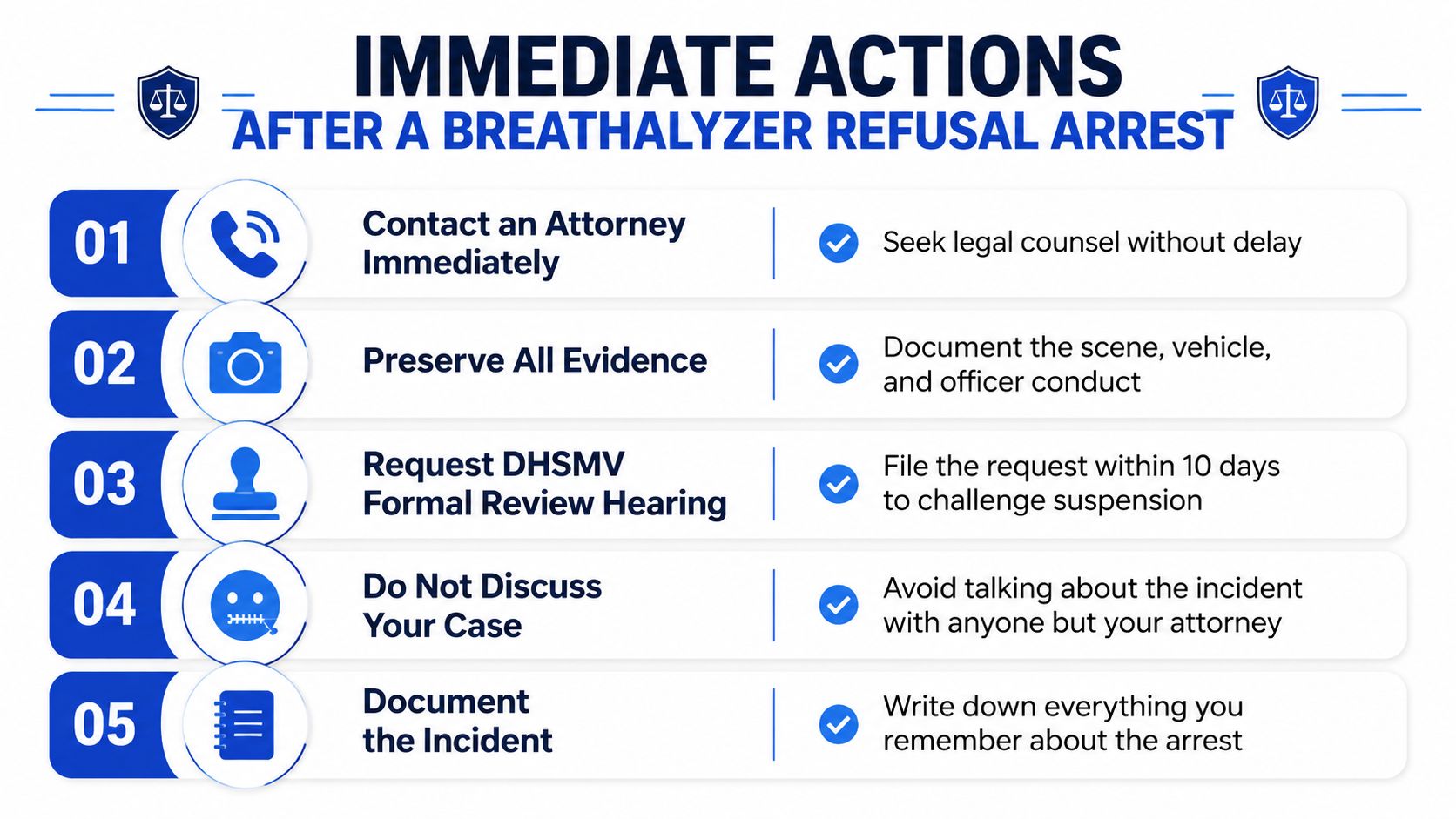 An infographic showing five steps to take immediately following a breathalyzer refusal arrest for legal protection.