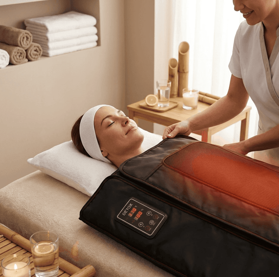 Woman getting Detox Infrared Sauna Blanket treatment