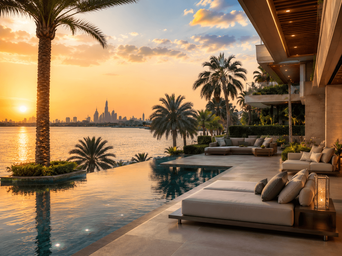 Poolside lounge area of a luxury Palm Jumeirah waterfront villa with sunset views over Dubai.