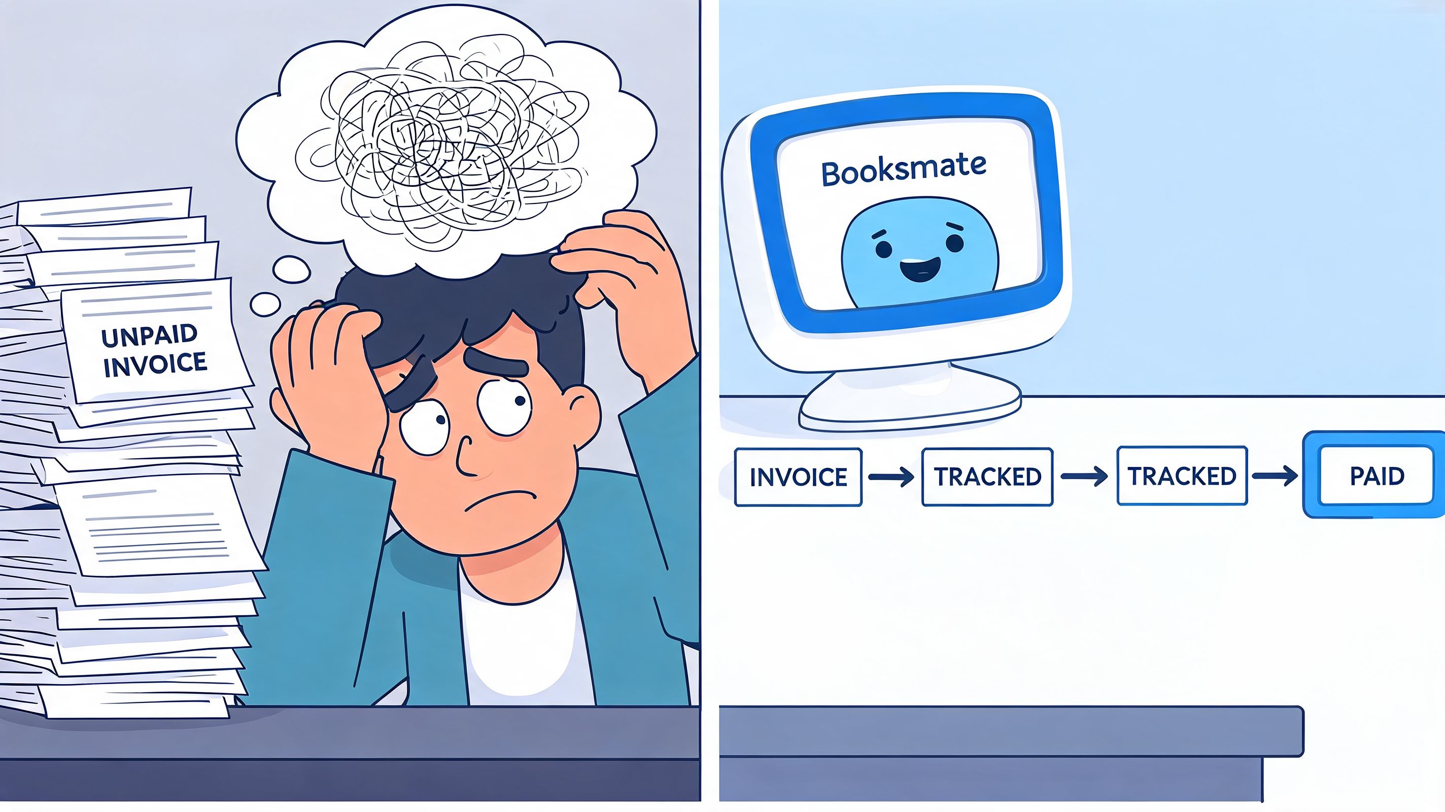A person stressed by a large stack of unpaid invoices transitioned to efficient automated accounting software.