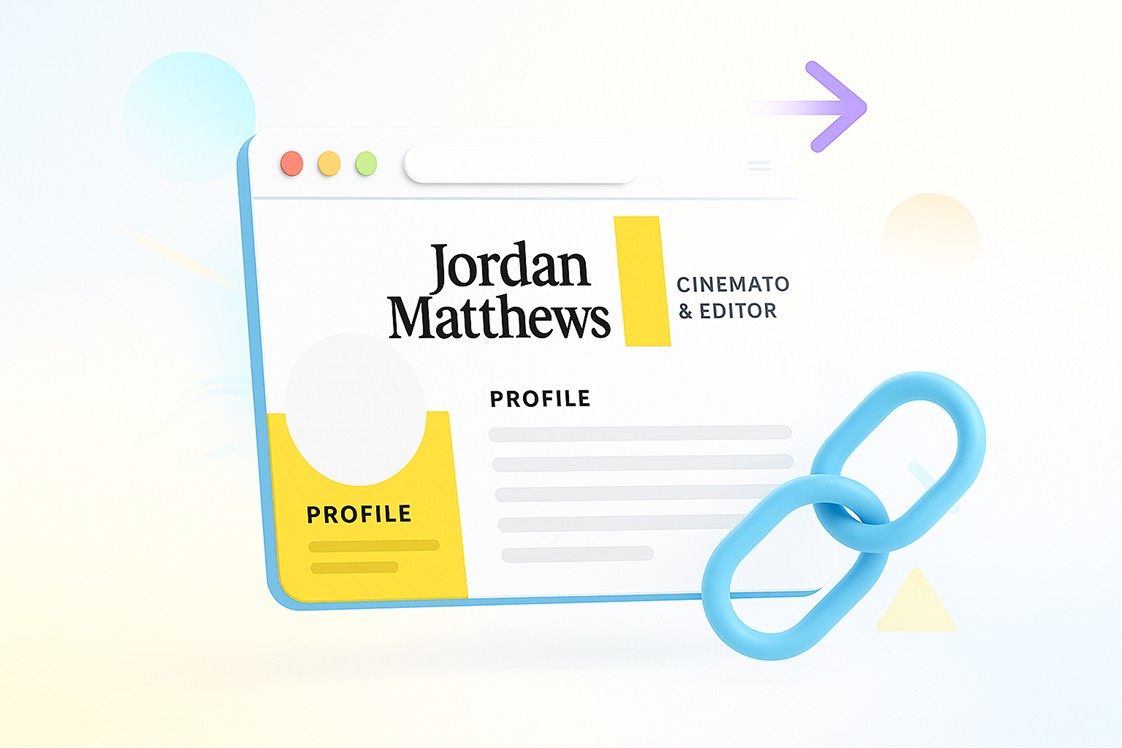 Illustration of a digital resume window with a blue chain link symbol — representing ResumaLive’s shareable profile link for creatives to easily distribute their work.