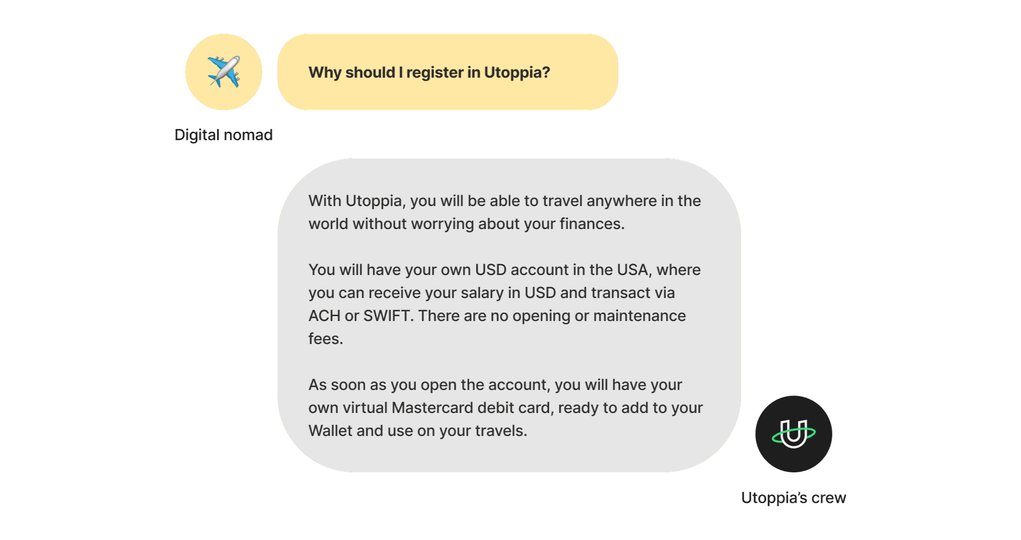 Chat conversation with the digital nomad persona explaining the benefits of registration in a conversational tone.