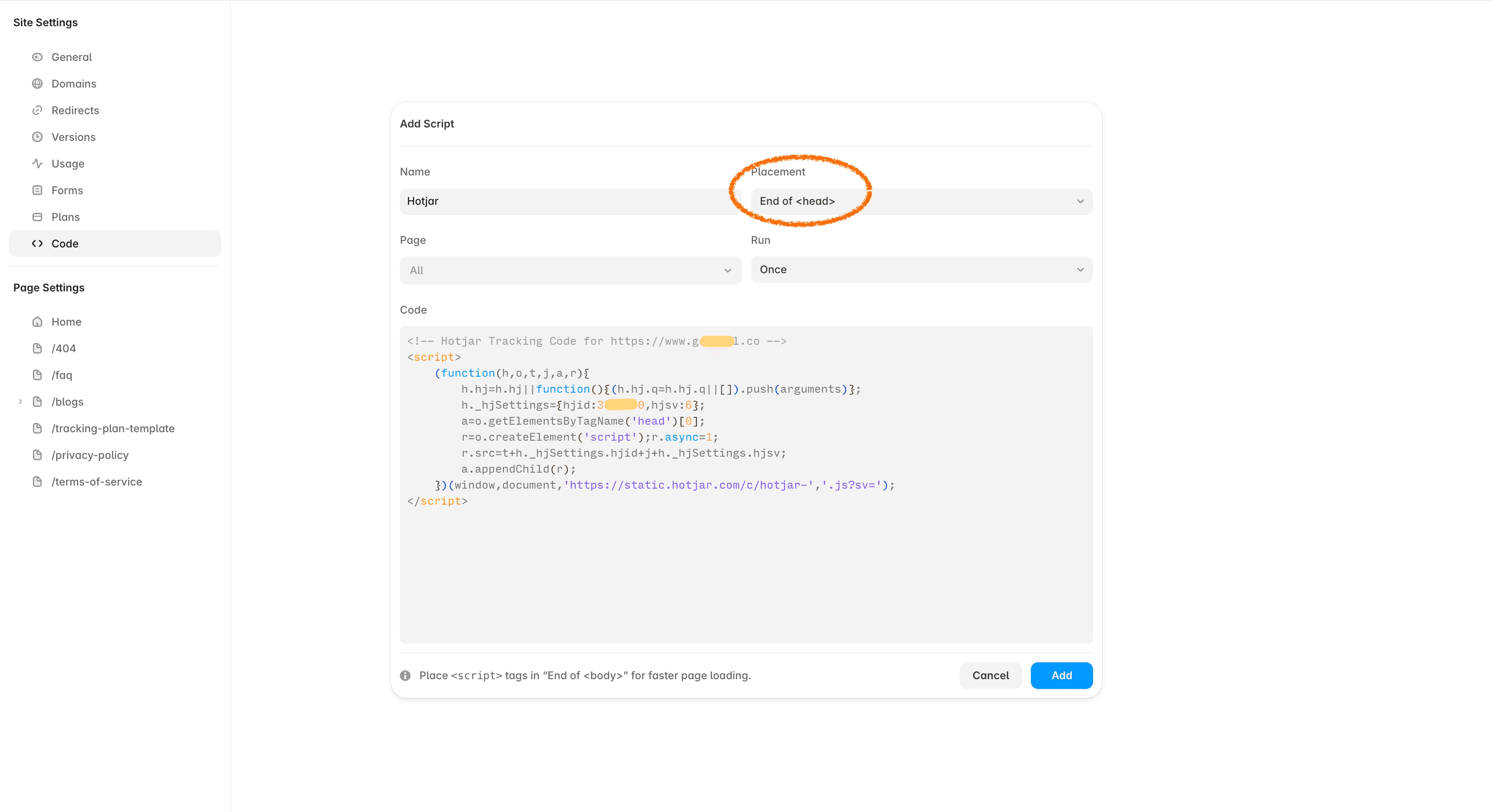 install hotjar tracking to framer