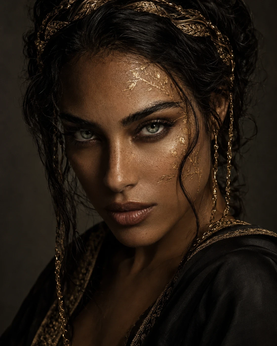 Dark portrait with gold leaf at the temple and gold threads woven through the hair