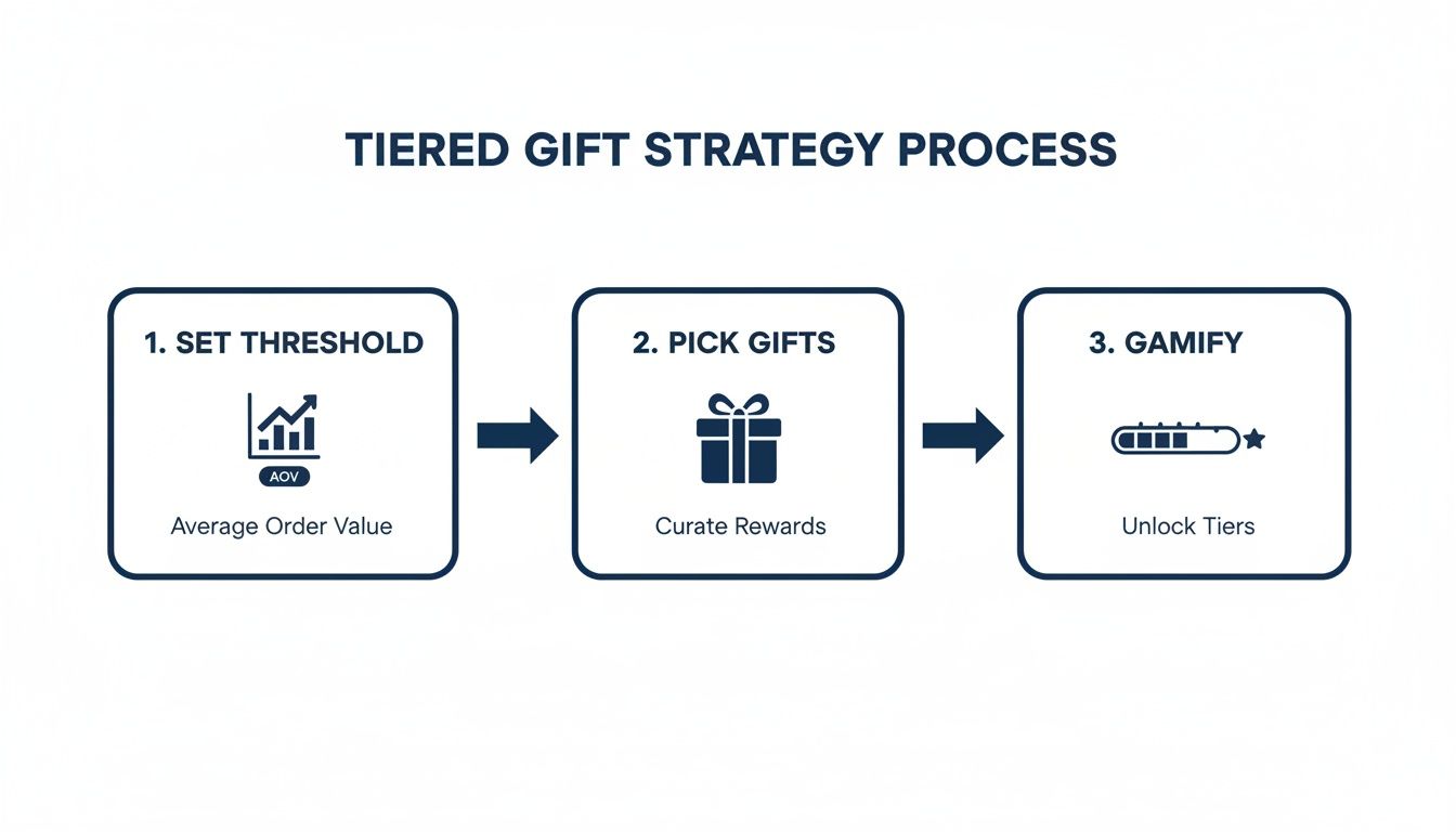Flowchart illustrating a tiered gift strategy process: set threshold, pick gifts, and gamify to unlock tiers.