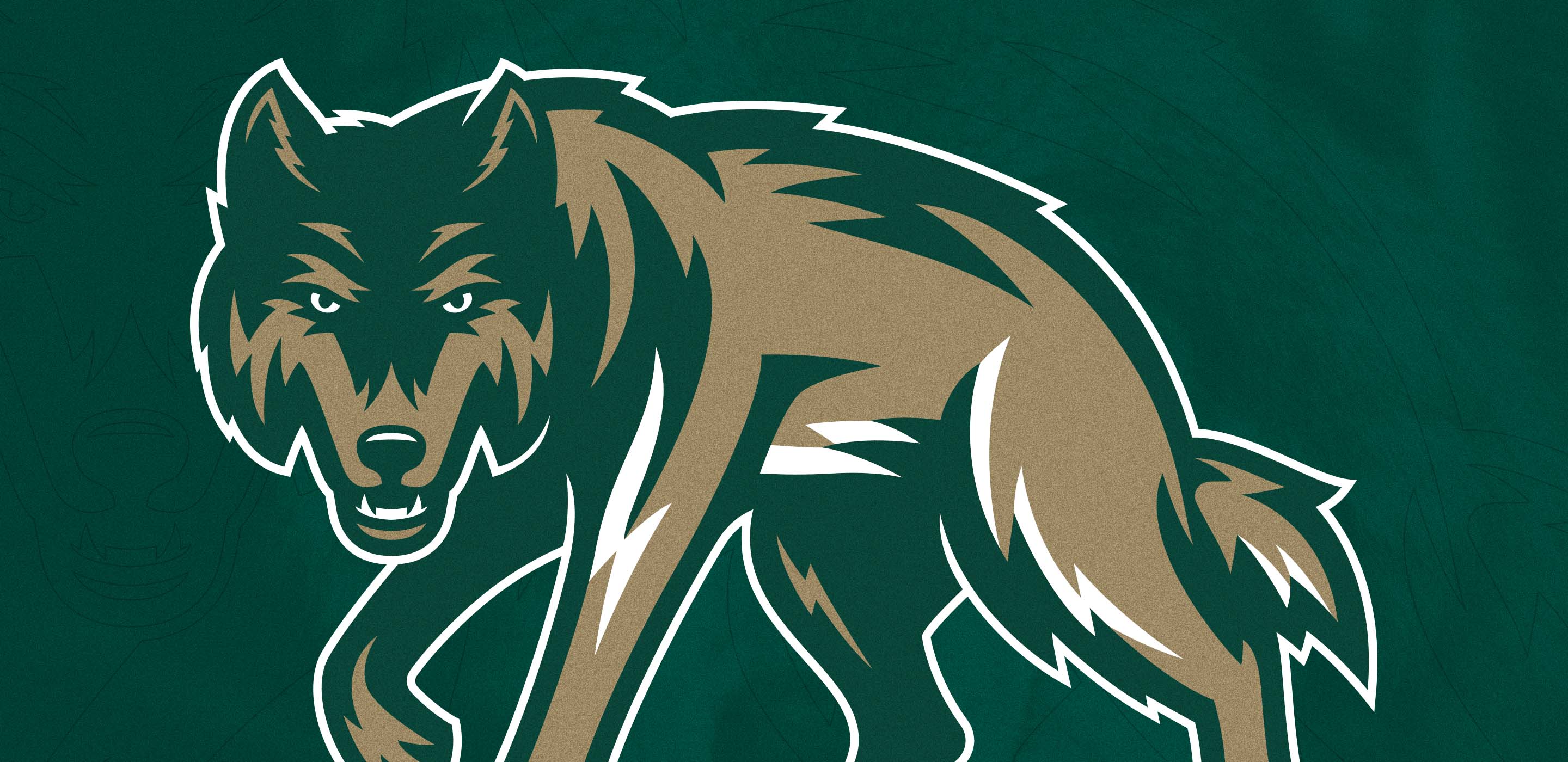 Wesleyan Wolves full body wolf logo on green background.