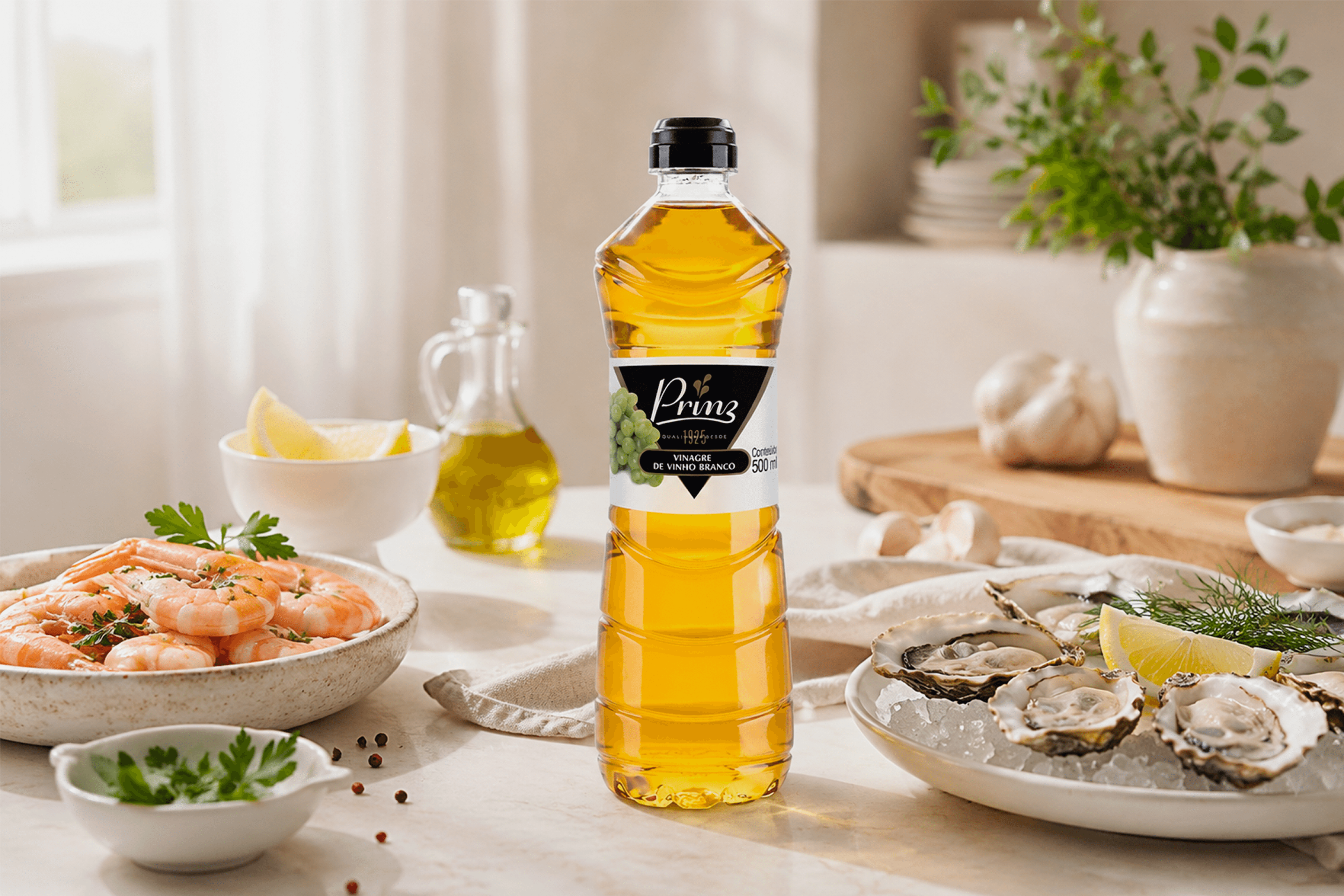 embalagem tradicional do vinagre de vinho branco prinz em mesa com pratos de frutos do mar