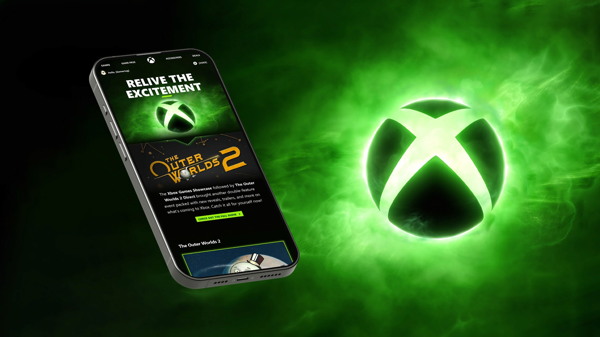 Xbox email featuring The Outer Worlds 2 with a large glowing xbox logo