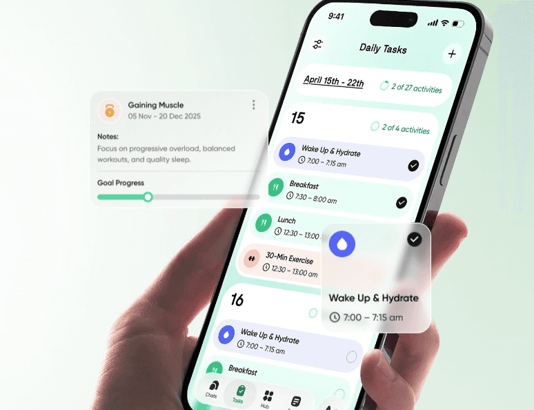 Neura daily tasks telling user to hydrate, when to eat, and what else to do next to gain muscle