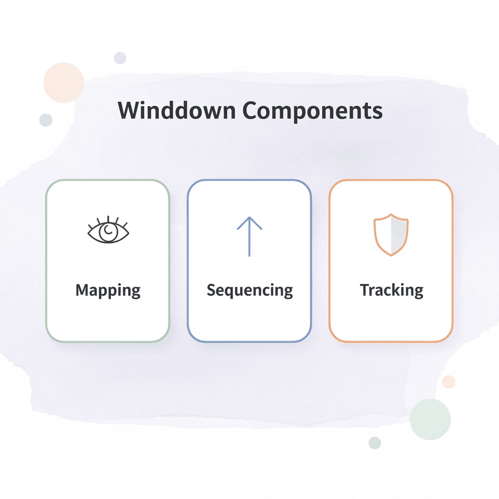 Three winddown components: obligation mapping, action sequencing, and dependency tracking