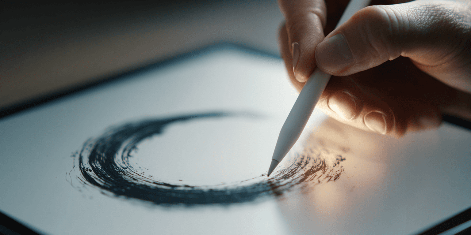 ontwerper tekent een enso cirkel op een digitale tablet