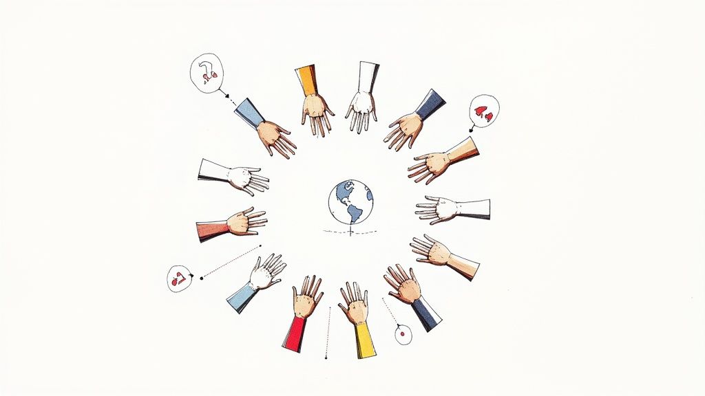Illustration of diverse hands in a circle around a globe, representing global community and collaboration.