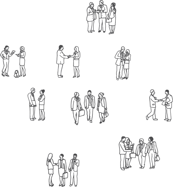 Simple line illustrations of small people in business leadership discussions