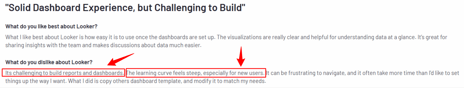 Looker user review mentioning steep learning curve and difficulty building dashboards
