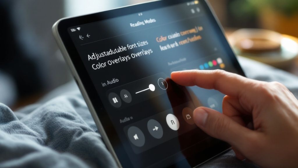 Speak4Me – A person holding a smartphone displaying an article, with headphones on, illustrating how text-to-speech makes reading accessible anywhere.