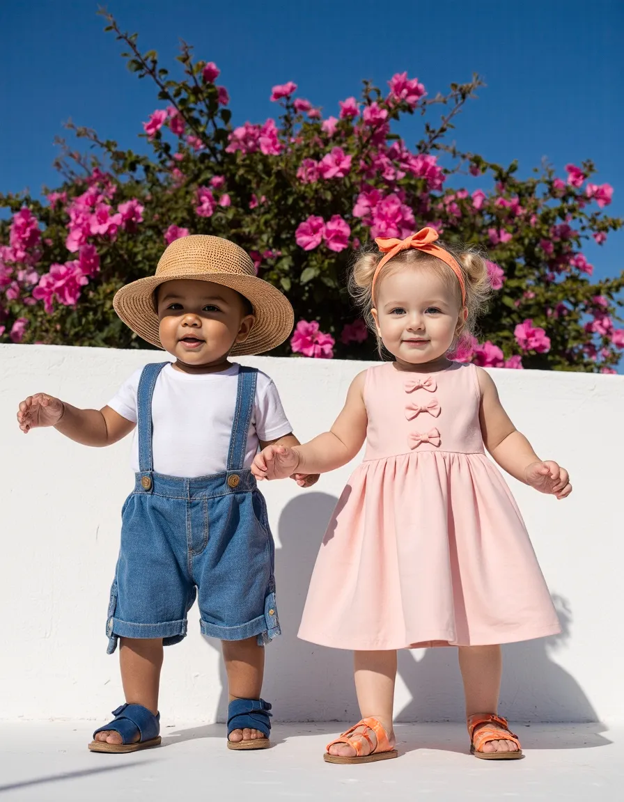 Two small children in spring attire standing against a white wall with vibrant pink bougainvillea flowers in the background under blue sky