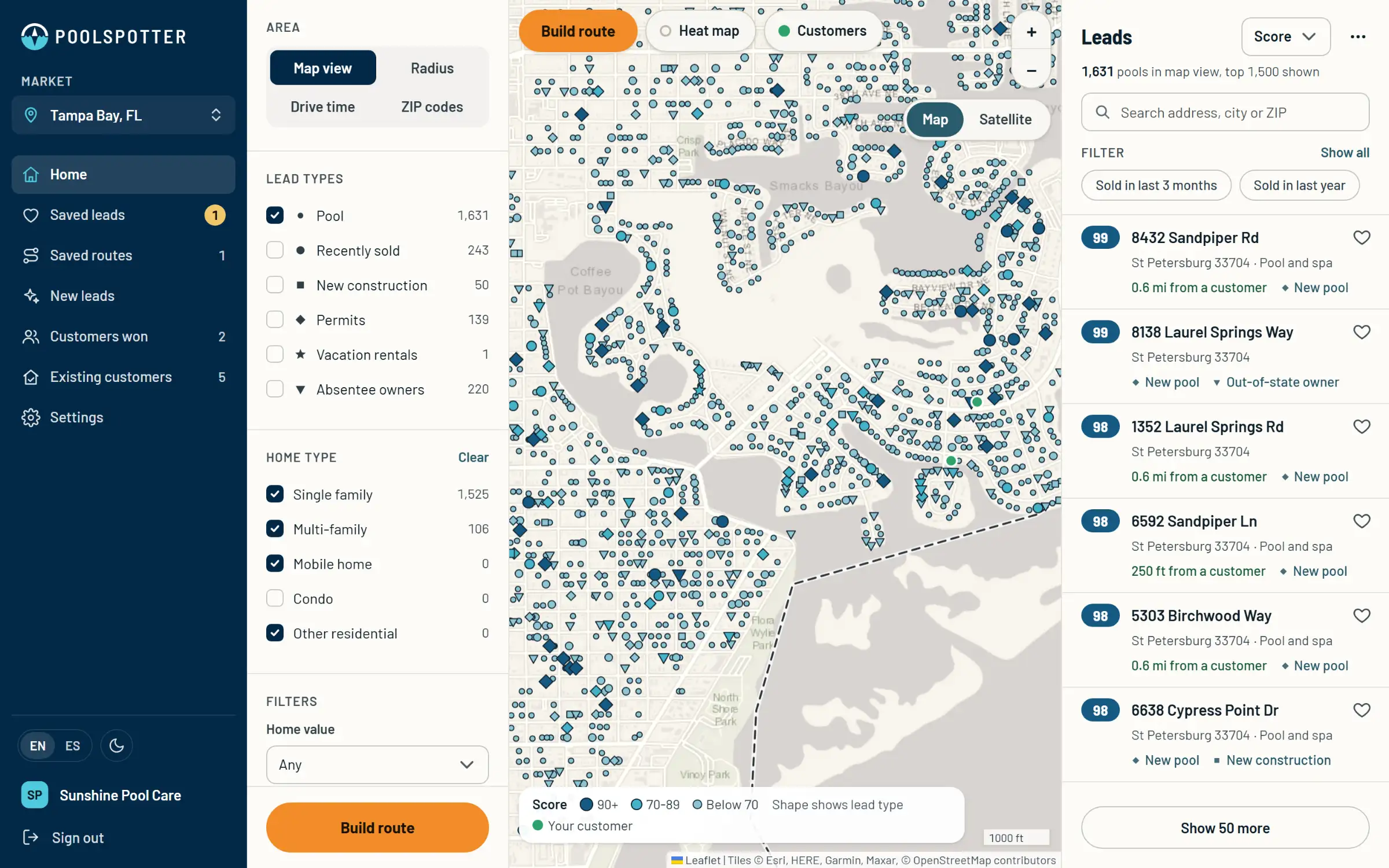 Desktop app home screen for Tampa Bay: a map of St Petersburg with every pool home marked by score, lead type and home type filters on the left, and a list of the top scored leads on the right, each with its distance from a customer and what is new there