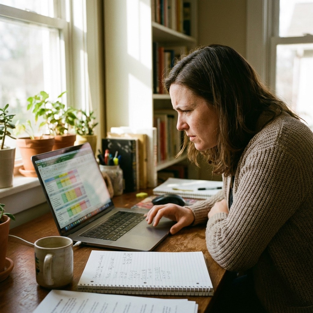 Documentary photograph of marketing analyst reviewing ROAS metrics on laptop