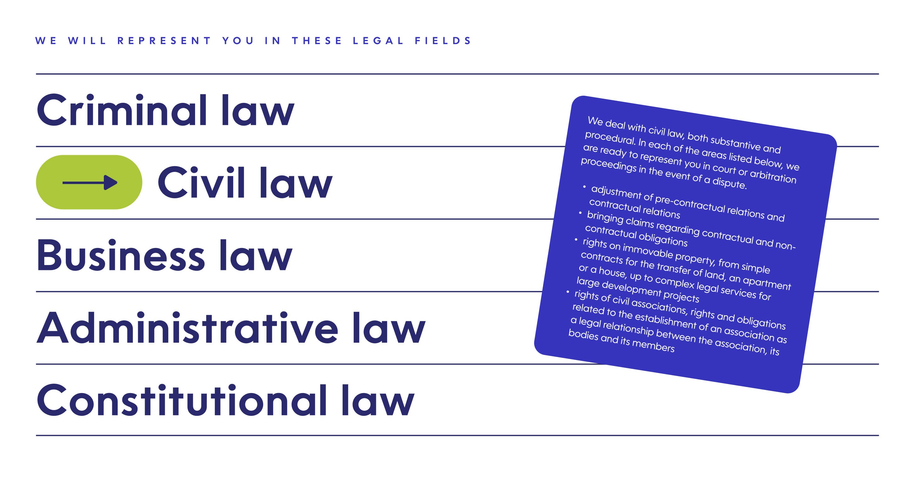 Screenshot from the Ettor & Niess website showing the legal services list with an interactive tooltip describing civil law expertise