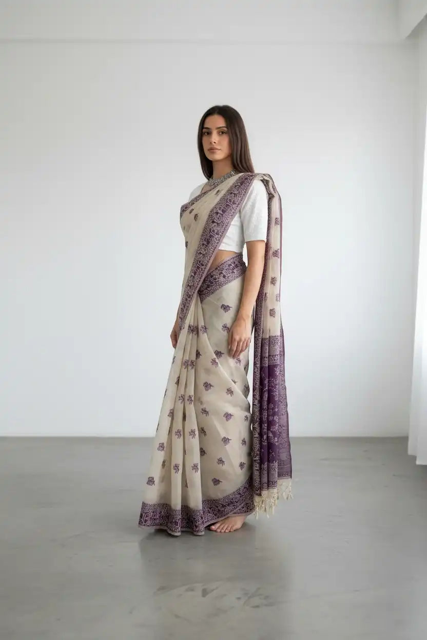 Sambalpuri Baandha Ikat Handloom Cotton Saree in Cream and Purple