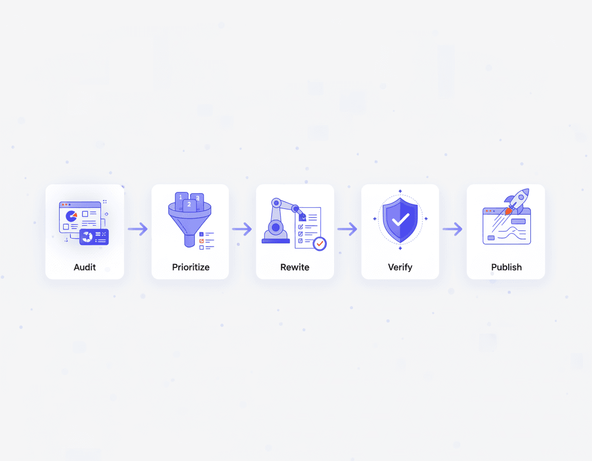 Flow diagram illustrating Relixir's five-step autonomous content refresh cycle from audit to publish