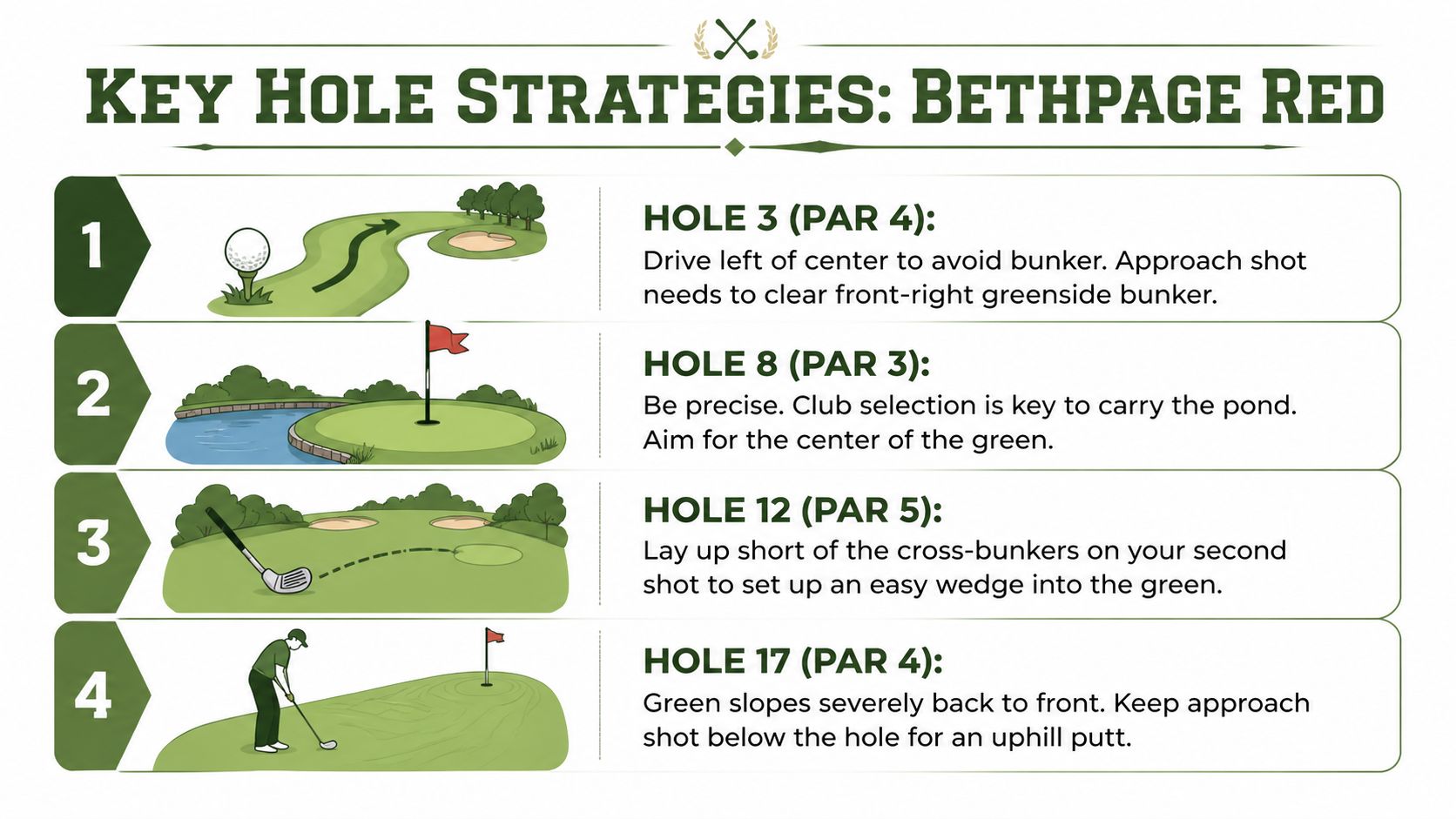 An infographic detailing golf course strategy tips for four specific holes at Bethpage Red.