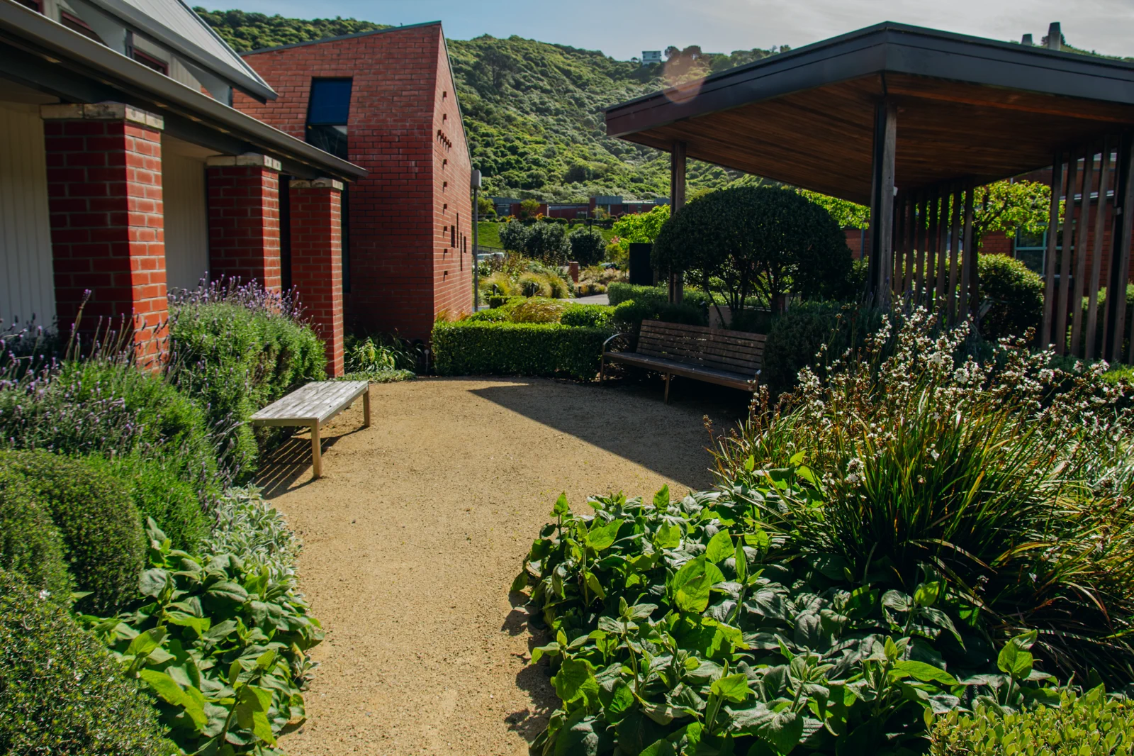 Garden path beside retreat centre buildings