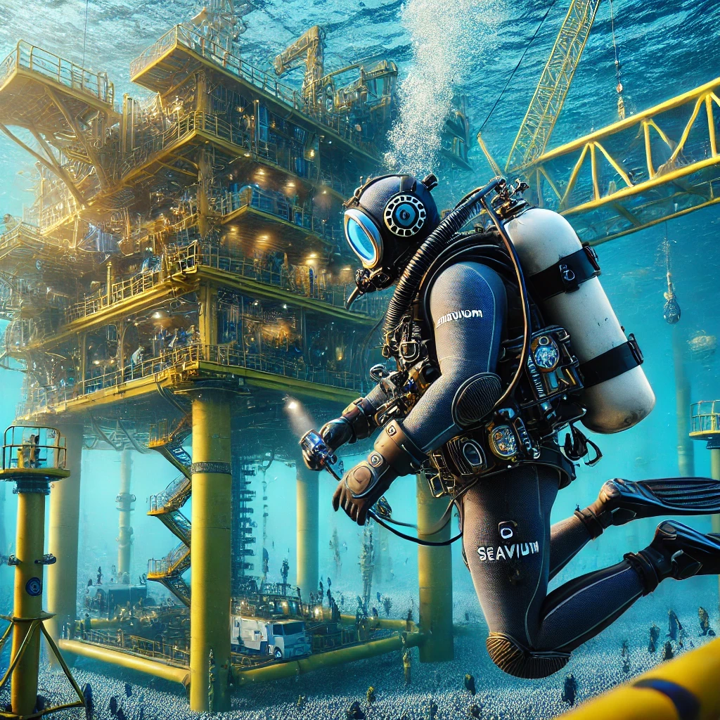 A professional saturation diver in full gear working underwater near an offshore platform, surrounded by specialized equipment and support systems. The image highlights the precision and expertise required for saturation diving in offshore operations.