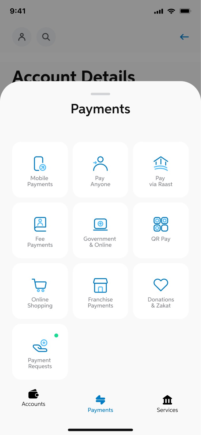 Payment Menu for UBL Mobile App