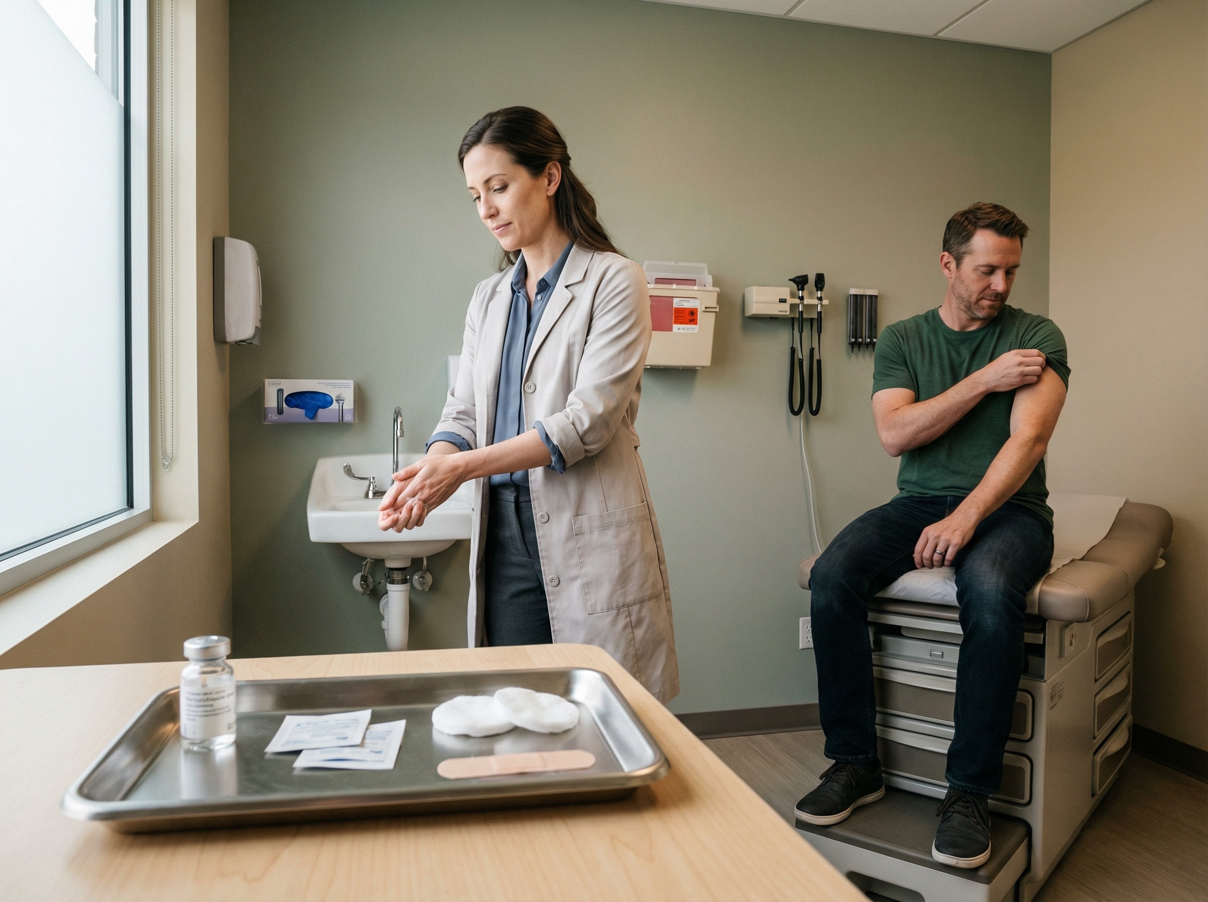 Ein Behandlungsraum ist vorbereitet: Impfampulle und Desinfektion liegen neben einem Pflaster auf dem rostfreien Tablett. Die Ärztin wäscht sich die Hände, während ein Patient den Ärmel hochkrempelt. Das Licht ist warm, die Szene vermittelt Ruhe und professionelle Routine.