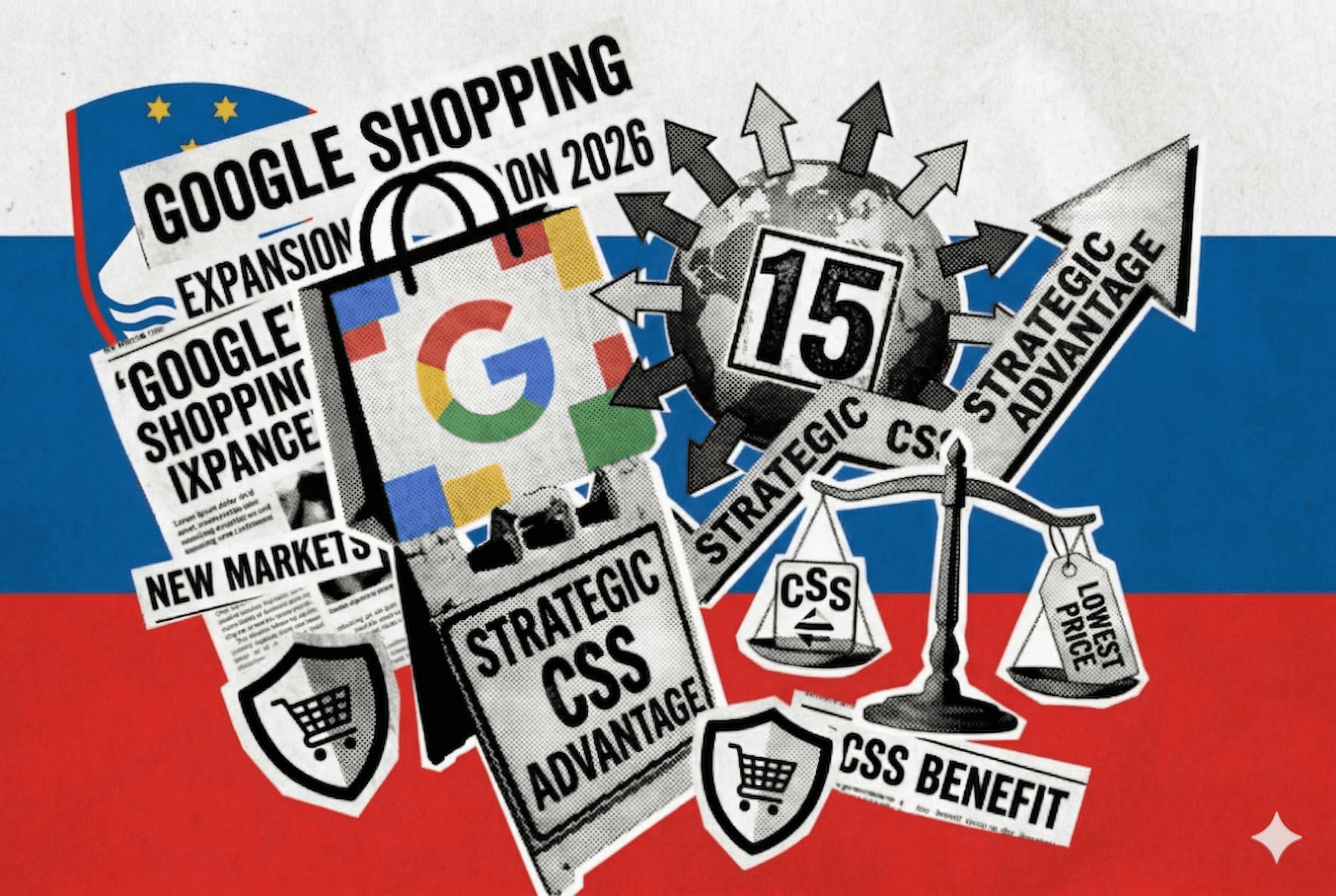 Google Shopping will launch in Slovenia in 2026. The oicture shows the Slovenian flag and the advantages of Google CSS