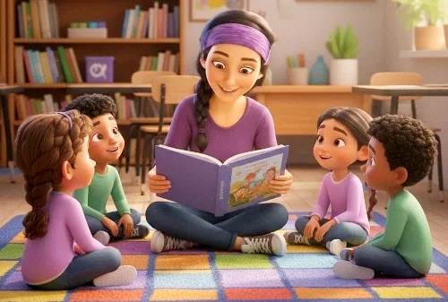 איור בסגנון תלת-מימד של דמות המורה מיכל יושבת במרכז על שטיח צבעוני ומקריאה ספר לקבוצת ילדים קשובים. הרקע מציג כיתת לימוד נעימה עם ספריות עמוסות ספרים, באווירה של למידה חווייתית ומהנה.