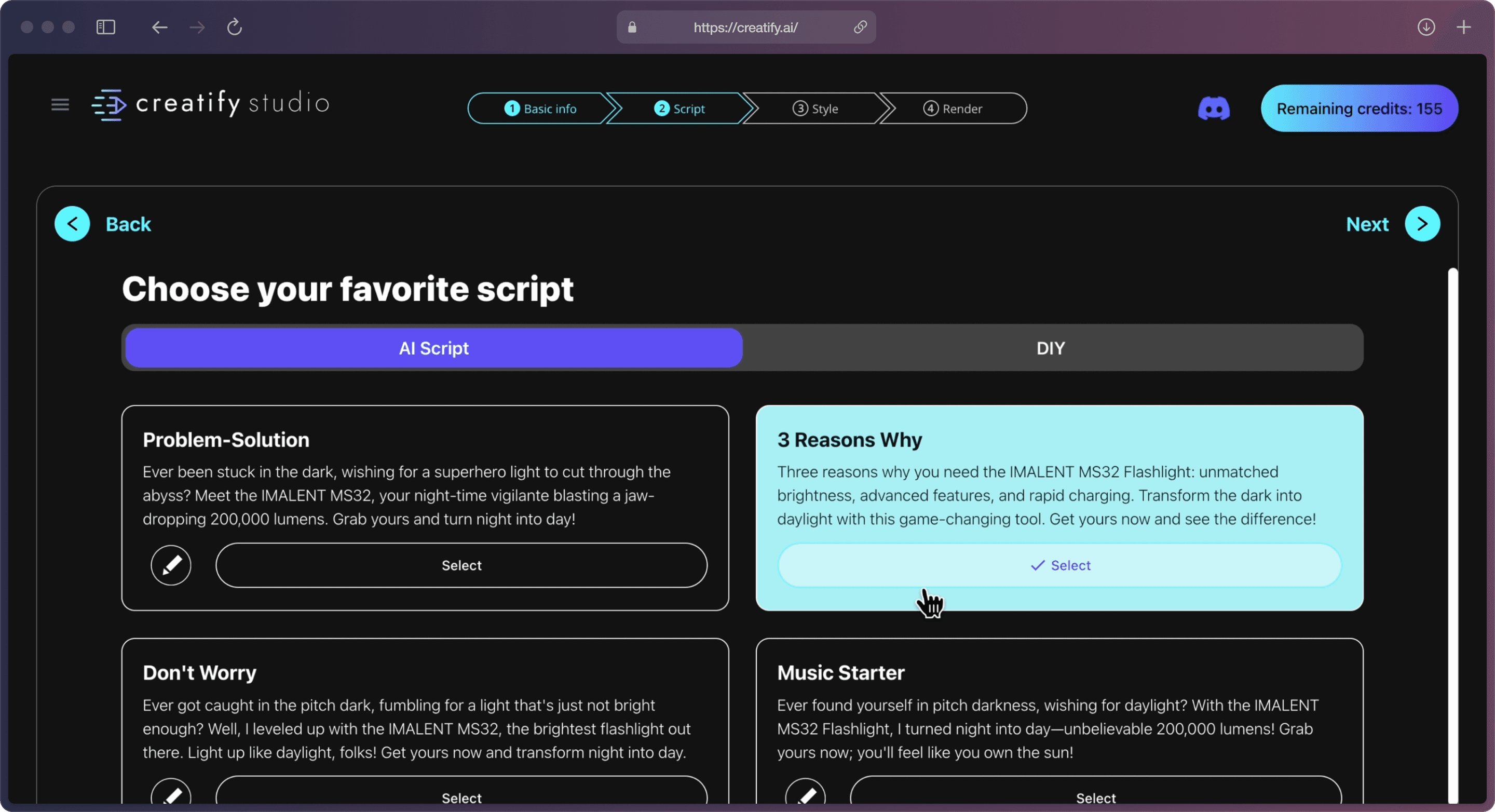 A screenshot of Creatify AI app on the “Choose your favorite script” page with several script options under “AI Script” purple bracket with one of the scripts selected in cyan blue.