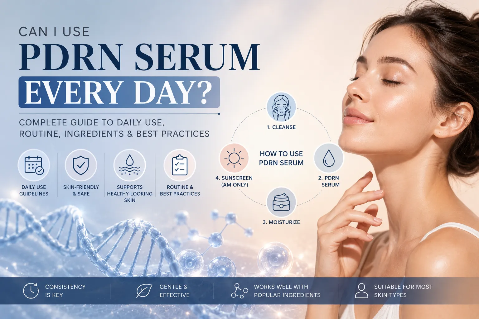 Woman with healthy-looking skin beside a visual guide explaining daily PDRN serum use, skincare routine steps, ingredient compatibility, and best practices.