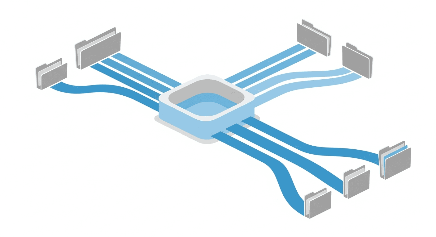 A clean, professional diagram showing indirect cost allocation across multiple projects. Visualize a central pool or container of shared resources (representing overhead costs like office space, utilities, and administrative functions) with multiple streams or pathways flowing outward to 4-5 different project boxes or folders of varying sizes. Each pathway should have different widths to represent proportional allocation. Use a modern, minimal business style with blue and gray color palette, isometric perspective, showing the concept of distributing shared costs across multiple contracts proportionally.