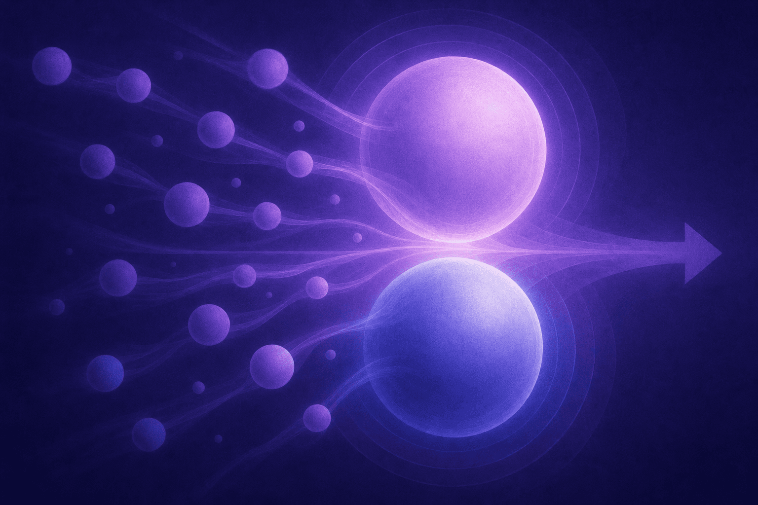 An abstract illustration of a B2B SaaS market consolidation landscape. Multiple independent platform bubbles or orbiting nodes gradually being absorbed into two dominant central spheres representing major CRM ecosystems. The smaller nodes shrink and dissolve as they merge into the two large glowing cores. A timeline arrow flows left to right showing progression. Dark background with deep blues, purples, and teals, modern flat geometric design, no text or labels anywhere.