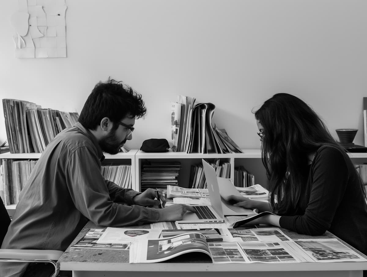 2 menschen sitzen zusammen an einem tisch und arbeiten, schwarz-weiß-bild