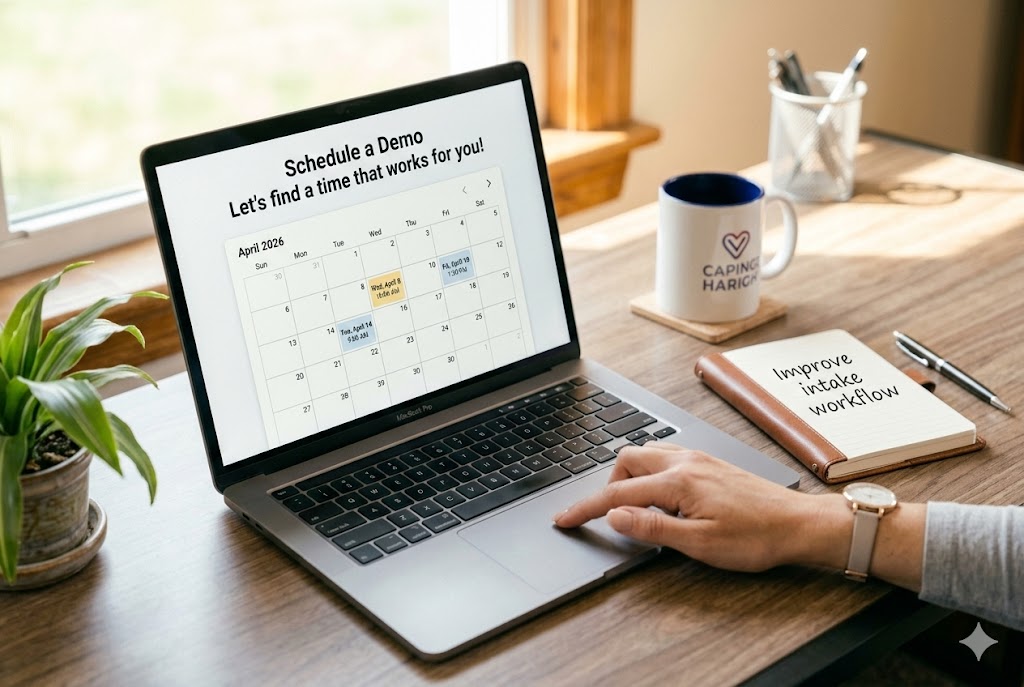A close‑up of a laptop screen on a neat desk, showing a scheduling page with a clear heading that says “Schedule a Demo” and a simple calendar with available time slots. A person’s hand is reaching toward the trackpad as if about to confirm a time. A small notepad nearby has “Improve intake workflow” written clearly. Bright, inviting lighting, professional but friendly style photograph, aspect ratio 3:2.